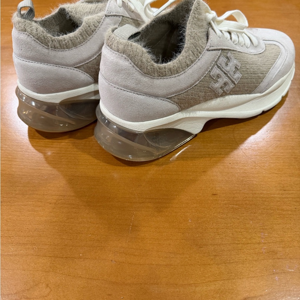Tory Burch Cream Suede & Knit Platform Sneakers - Picture 2 of 5
